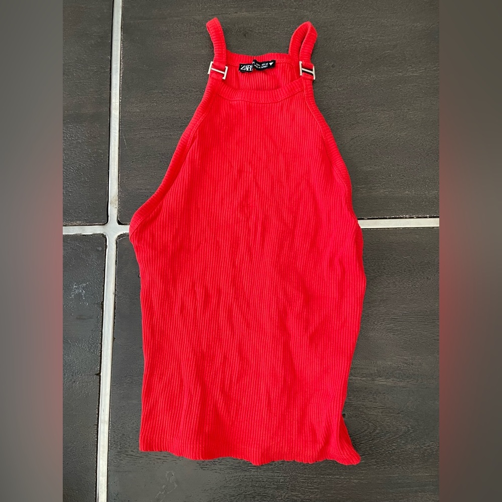 Zara red racerback tank top slightly cropped stretchy red metal strap L
